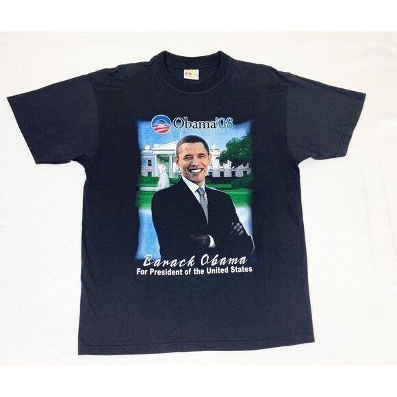 Vintage 2008 Y2K Barack Obama T-Shirt Yes We Can Black Large Hip Hop Rap Tee - Picture 1 of 6